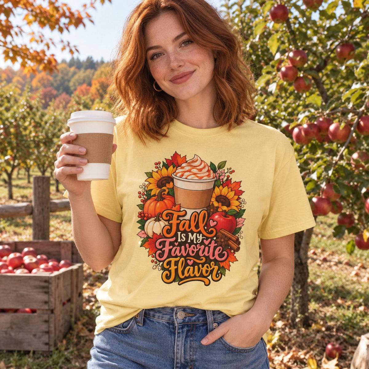 Woman wearing the Fall Is My Favorite Flavor T-shirt