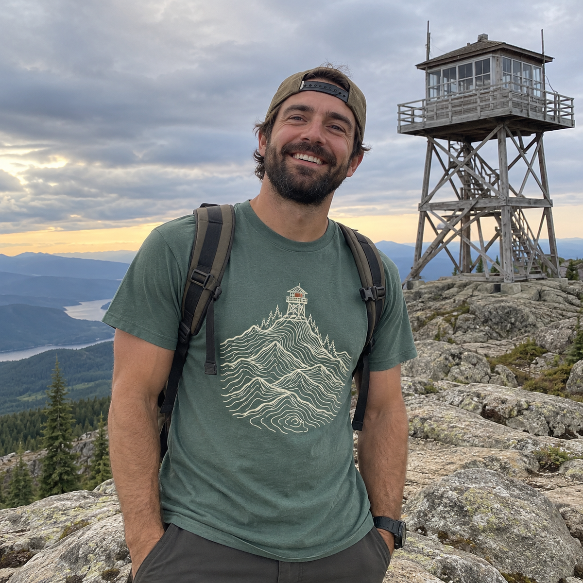 Fire Lookout T-Shirt worn outdoors