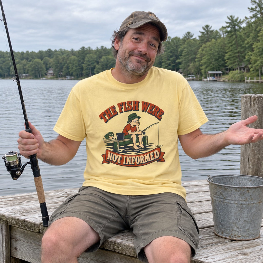 The Fish Were Not Informed T-Shirt worn outdoors