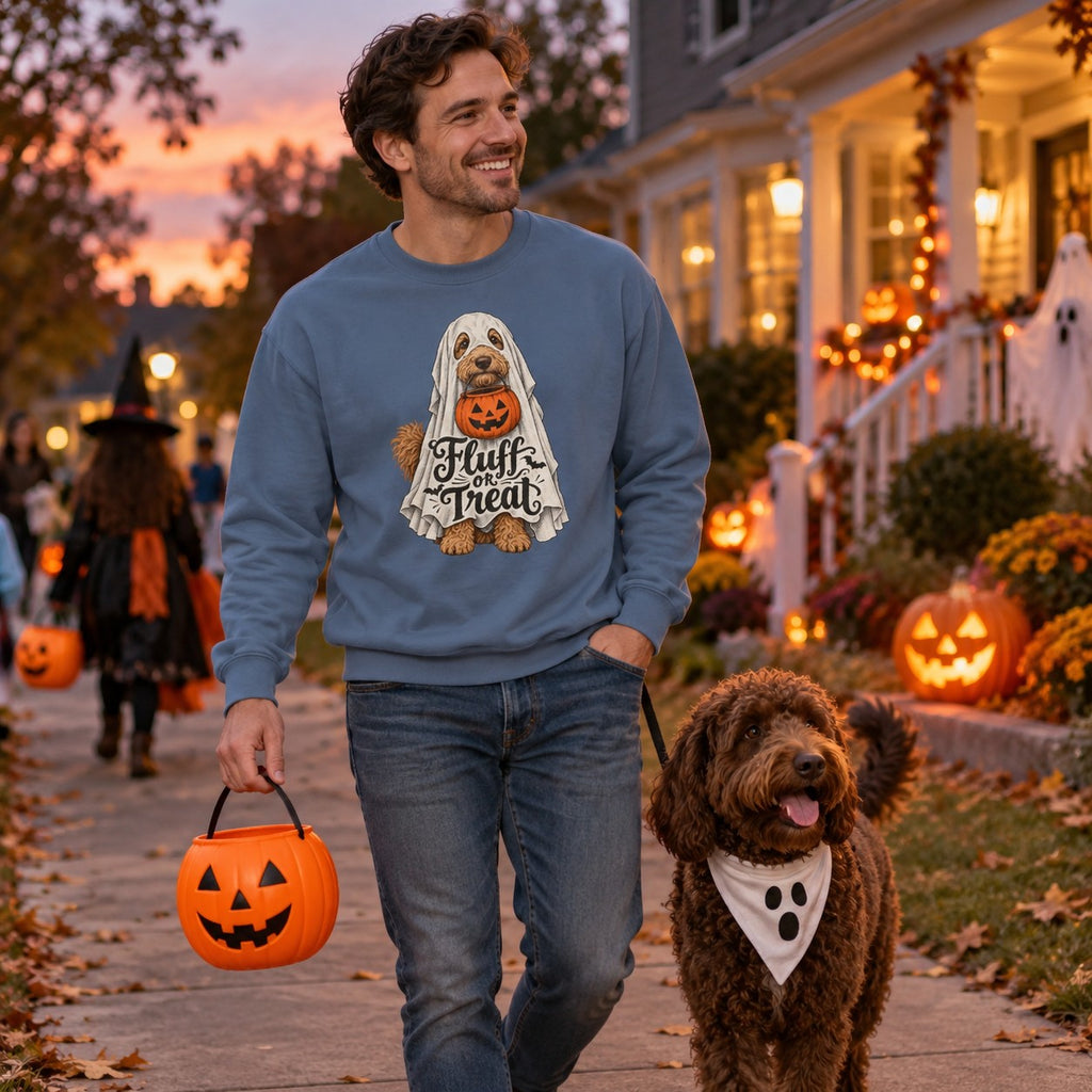 Man wearing the Fluff or Treat Sweatshirt trick-or-treating with his labradoodle