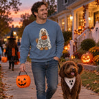 Man wearing the Fluff or Treat Sweatshirt trick-or-treating with his labradoodle