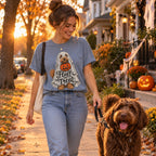 Woman wearing the Fluff or Treat T-Shirt walking her labradoodle