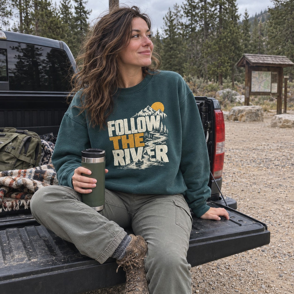 Follow the River Sweatshirt worn outdoors