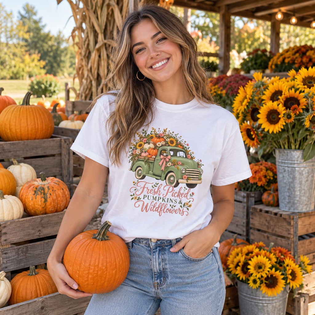 Fresh Picked Pumpkins & Wildflowers T-Shirt worn in a casual fall photo