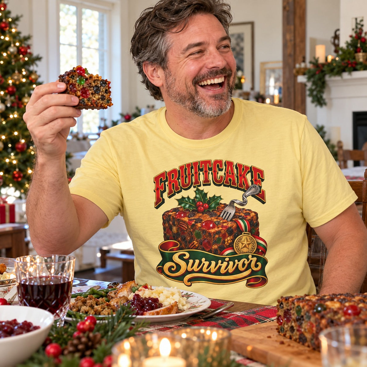 Fruitcake Survivor T-Shirt worn in a casual Christmas photo