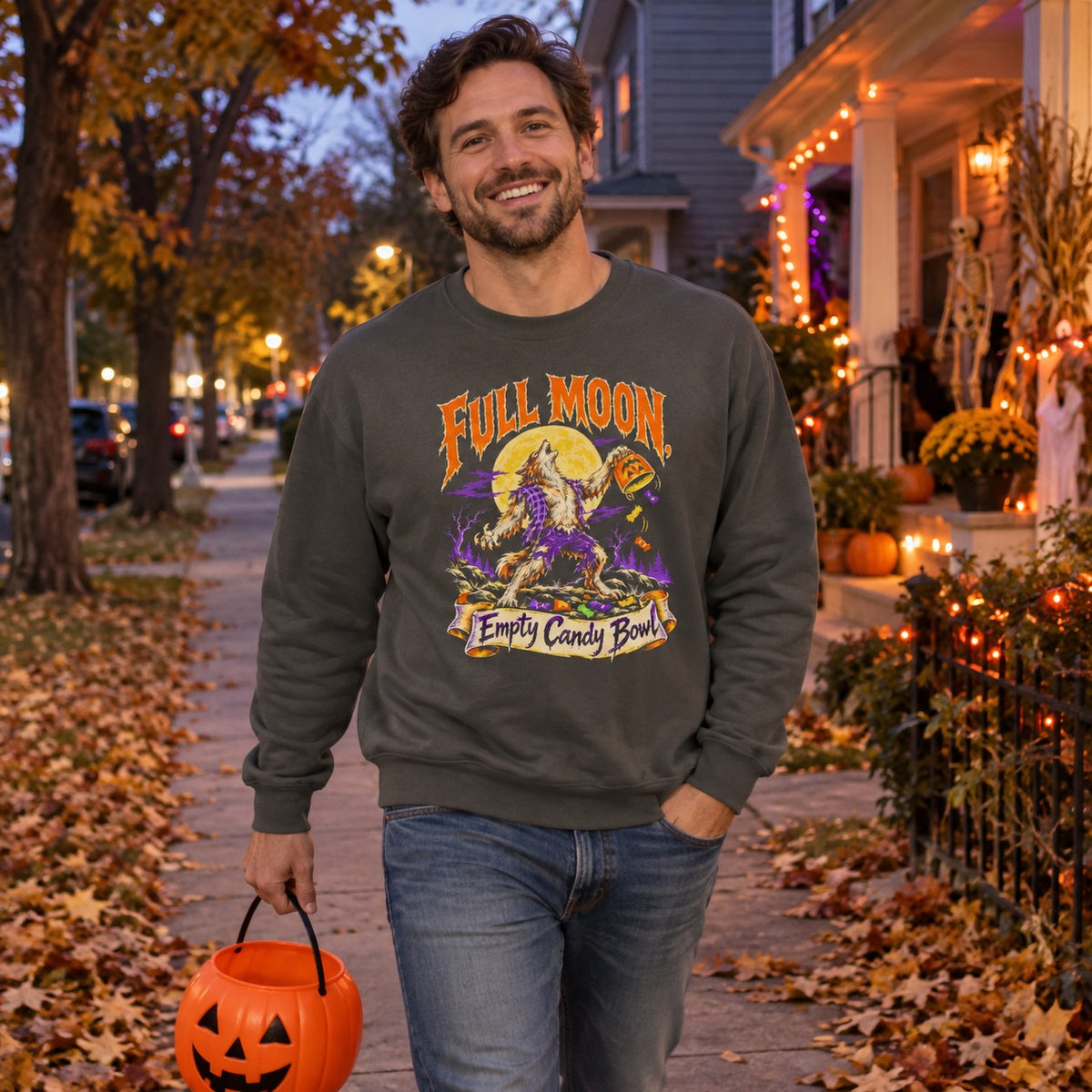 Full Moon, Empty Candy Bowl Sweatshirt worn casually