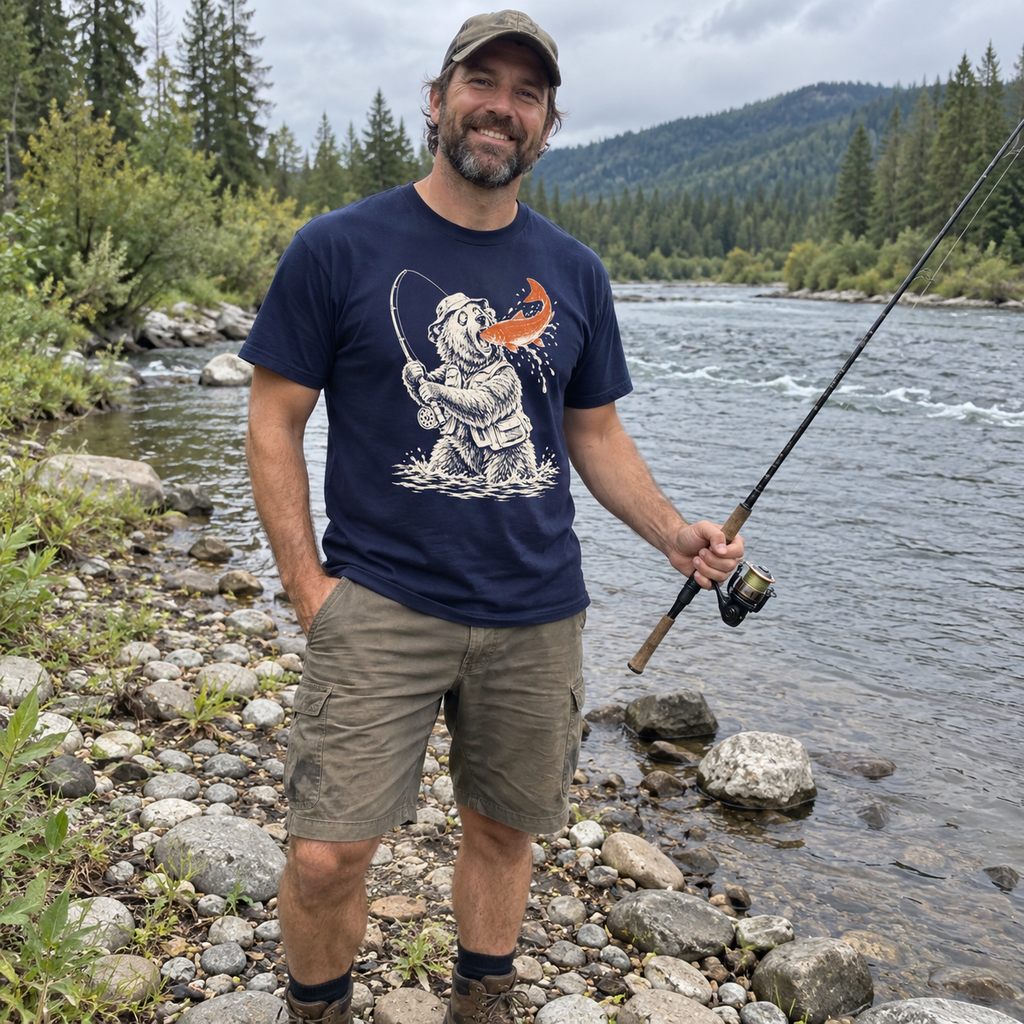 Man fishing by a river wearing the Gone Fishing Grizzly T-Shirt