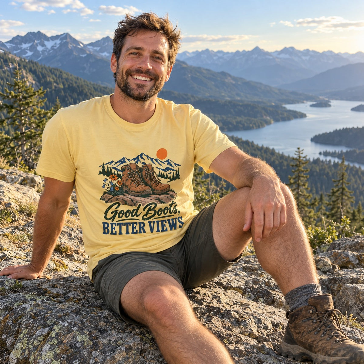 Good Boots, Better Views T-Shirt worn on a hiking trail