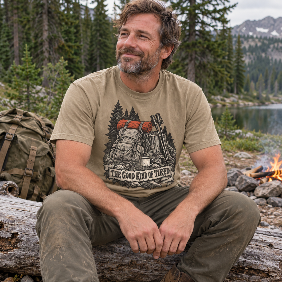 Hiker wearing The Good Kind of Tired T-Shirt