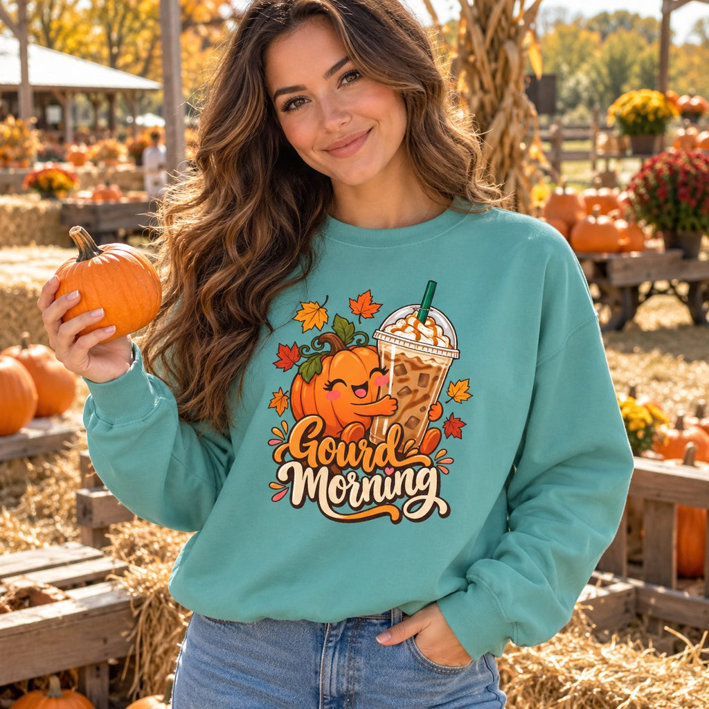 Woman wearing the Gourd Morning sweatshirt