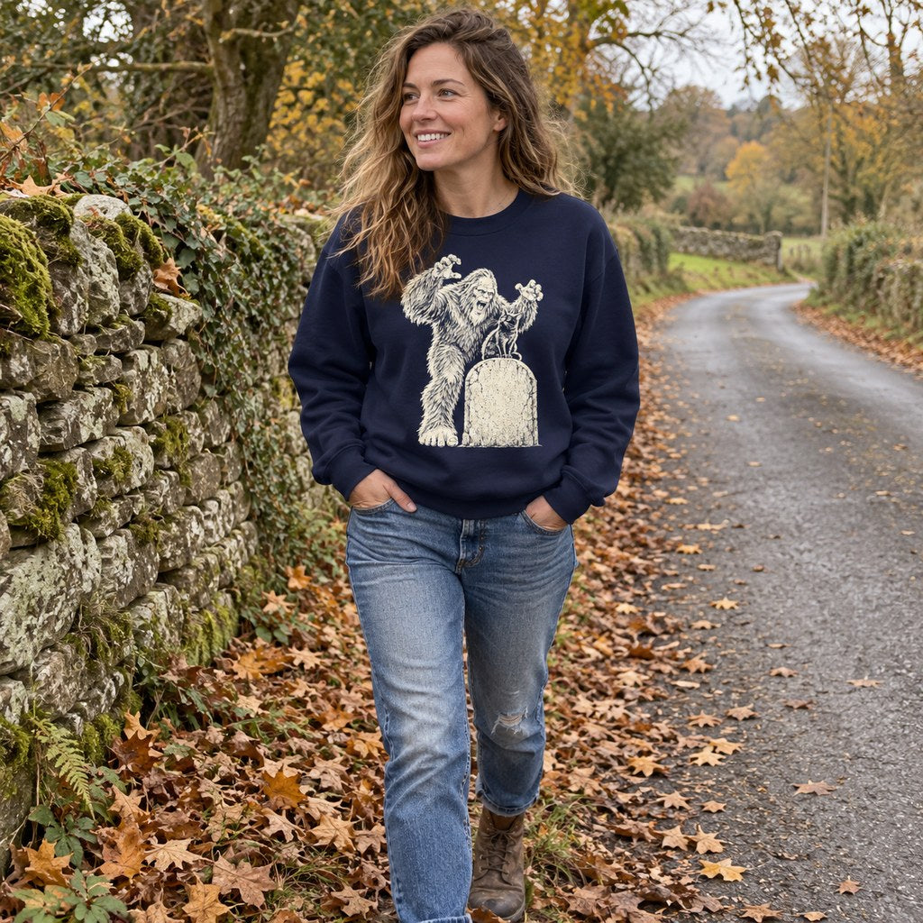 Person wearing the Bigfoot Graveyard Scare Sweatshirt