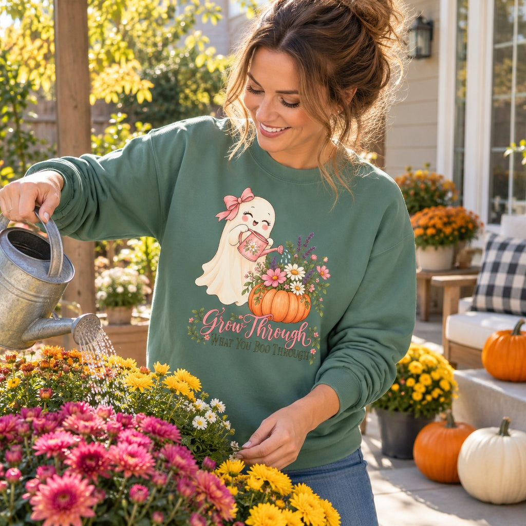 Grow Through What You Boo Through Sweatshirt worn in a casual fall photo