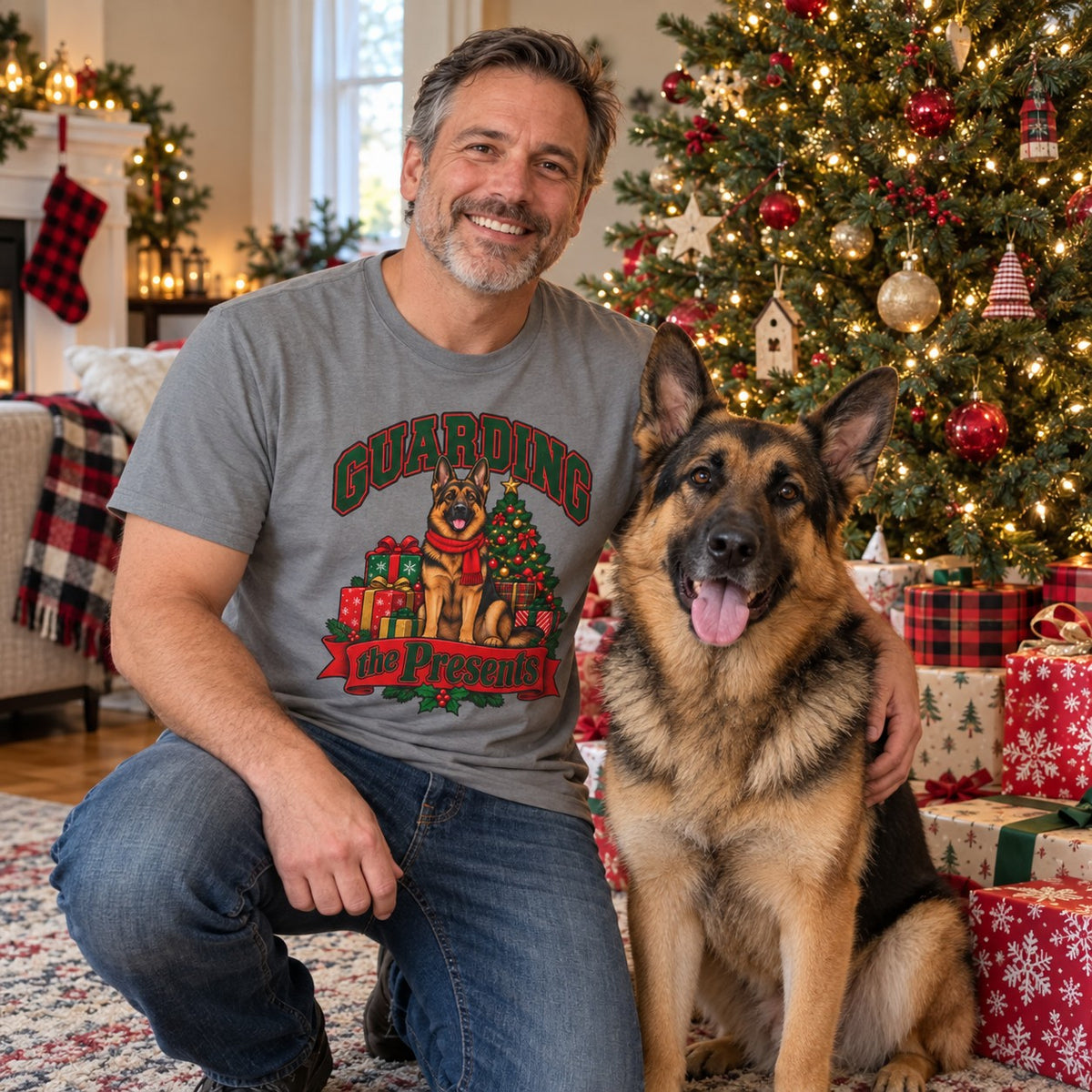 Guarding the Presents T-Shirt worn in a casual Christmas photo