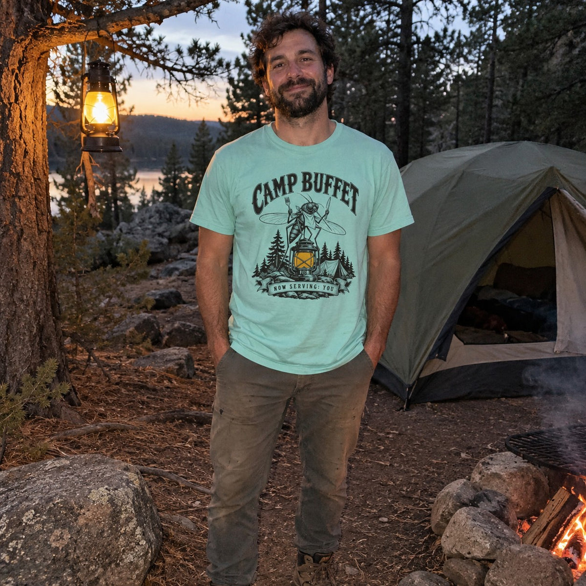 Wearing the Camp Buffet T-Shirt outdoors