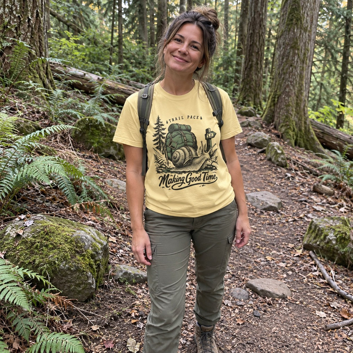 Wearing the Making Good Time T-Shirt outdoors