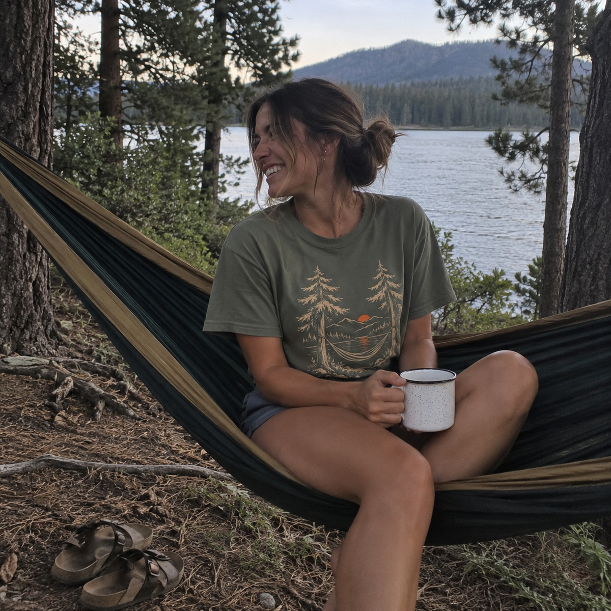 Hammock Hours T-Shirt worn outdoors