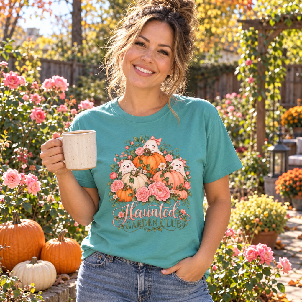 Haunted Garden Club T-Shirt worn in a casual fall photo