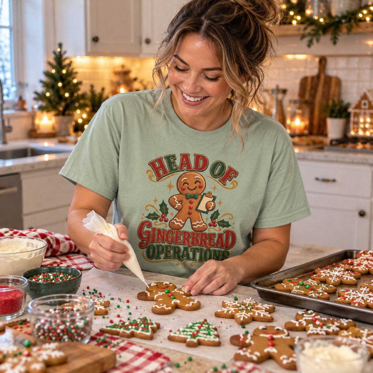 Head of Gingerbread Operations T-Shirt worn in a casual Christmas photo