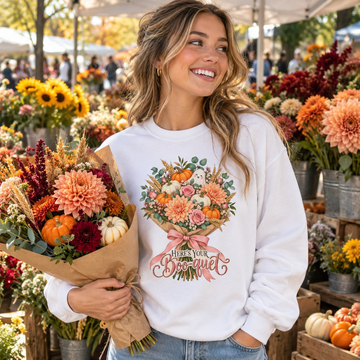 Here's Your Boo-quet Sweatshirt worn in a casual fall photo