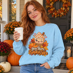 Woman wearing the Hey There, Pumpkin Spice sweatshirt