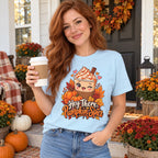 Woman wearing the Hey There, Pumpkin Spice T-shirt