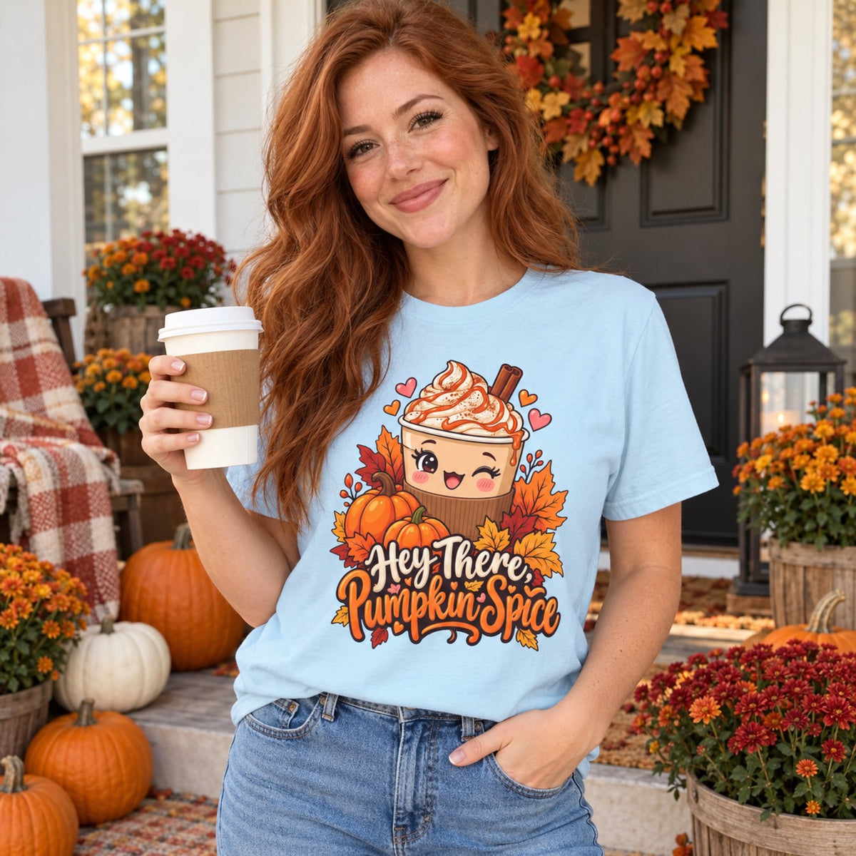 Woman wearing the Hey There, Pumpkin Spice T-shirt