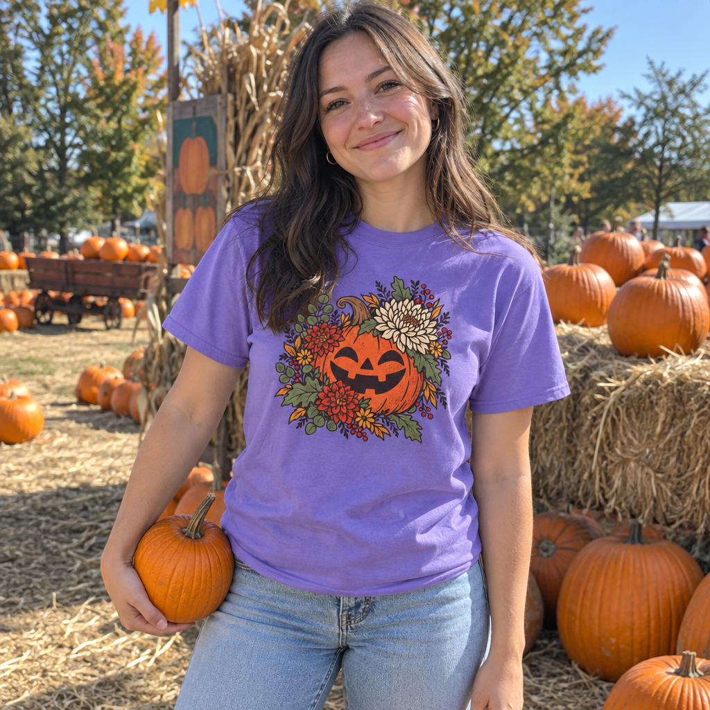 Woman wearing the orchid Pumpkin Jack-O'-Lantern Floral t-shirt at a pumpkin patch