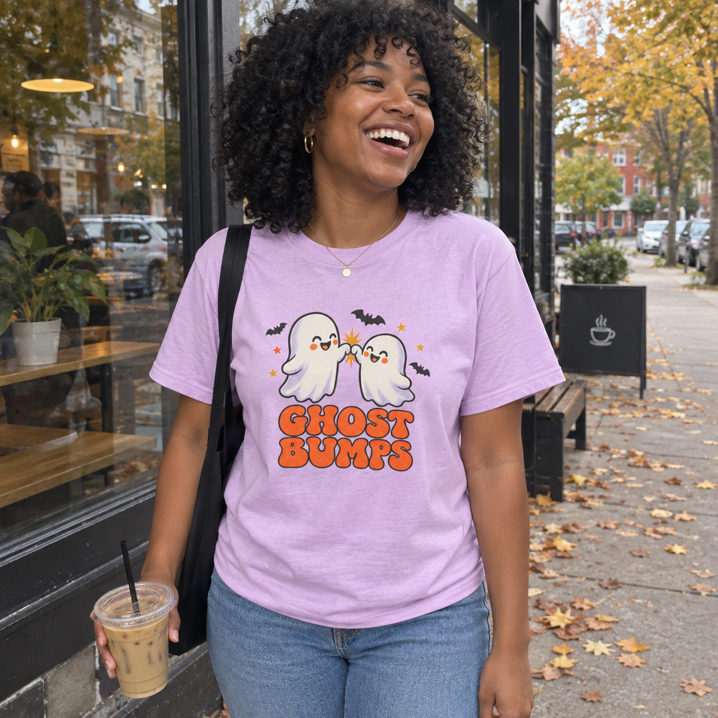 Woman wearing the orchid Ghost Bumps t-shirt outside a coffee shop on an autumn street