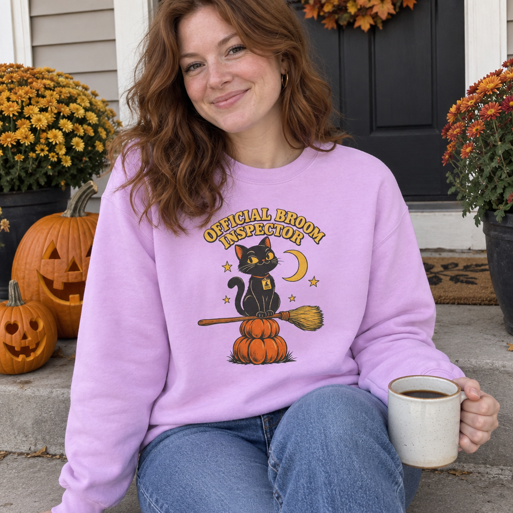 Woman wearing the orchid Official Broom Inspector sweatshirt on her front porch with pumpkins