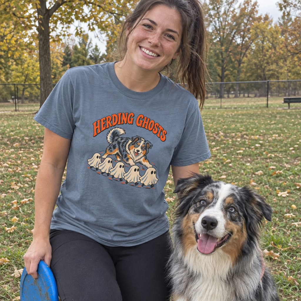 Woman wearing the blue Herding Ghosts t-shirt at the dog park with her Australian Shepherd