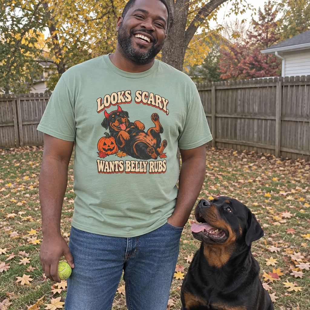 Man wearing the sage Looks Scary, Wants Belly Rubs t-shirt in the backyard with his Rottweiler