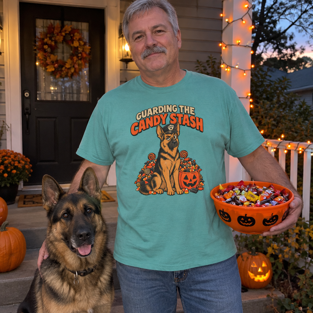 Man wearing the seafoam Guarding the Candy Stash t-shirt on his porch with a German Shepherd and candy bowl