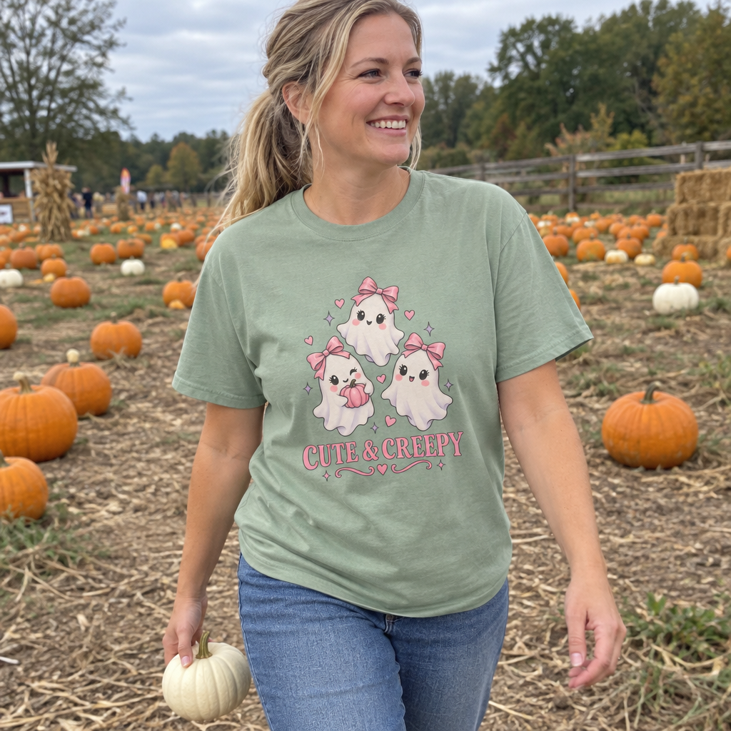 Woman wearing the sage Cute and Creepy t-shirt at a pumpkin patch