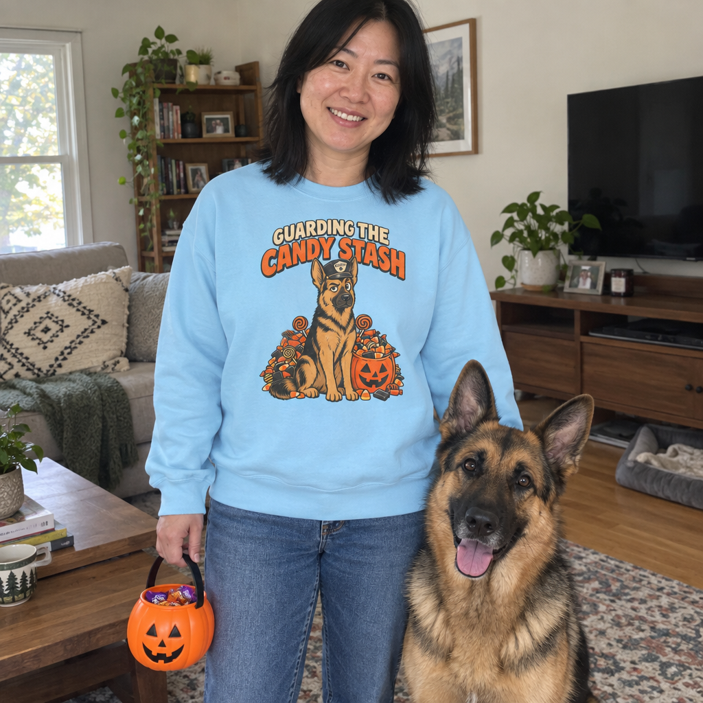Woman wearing the light blue Guarding the Candy Stash sweatshirt at home with her German Shepherd