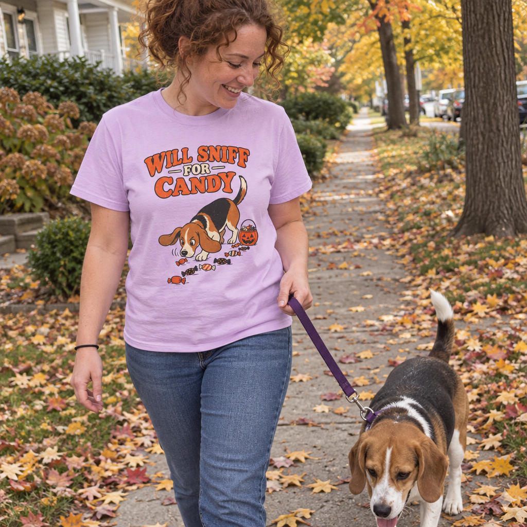 Woman wearing the orchid Will Sniff for Candy t-shirt walking her beagle on a fall sidewalk