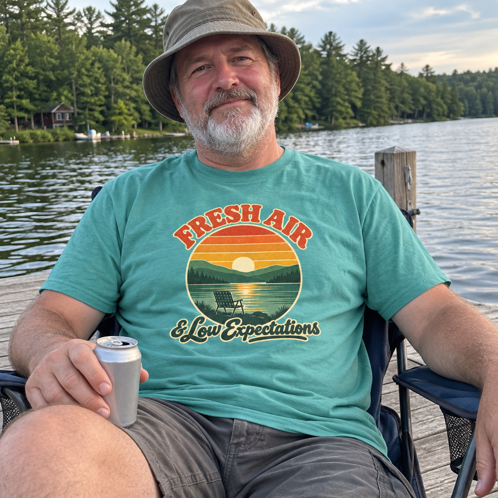 Man wearing the seafoam Fresh Air & Low Expectations t-shirt in a camp chair on a lake dock