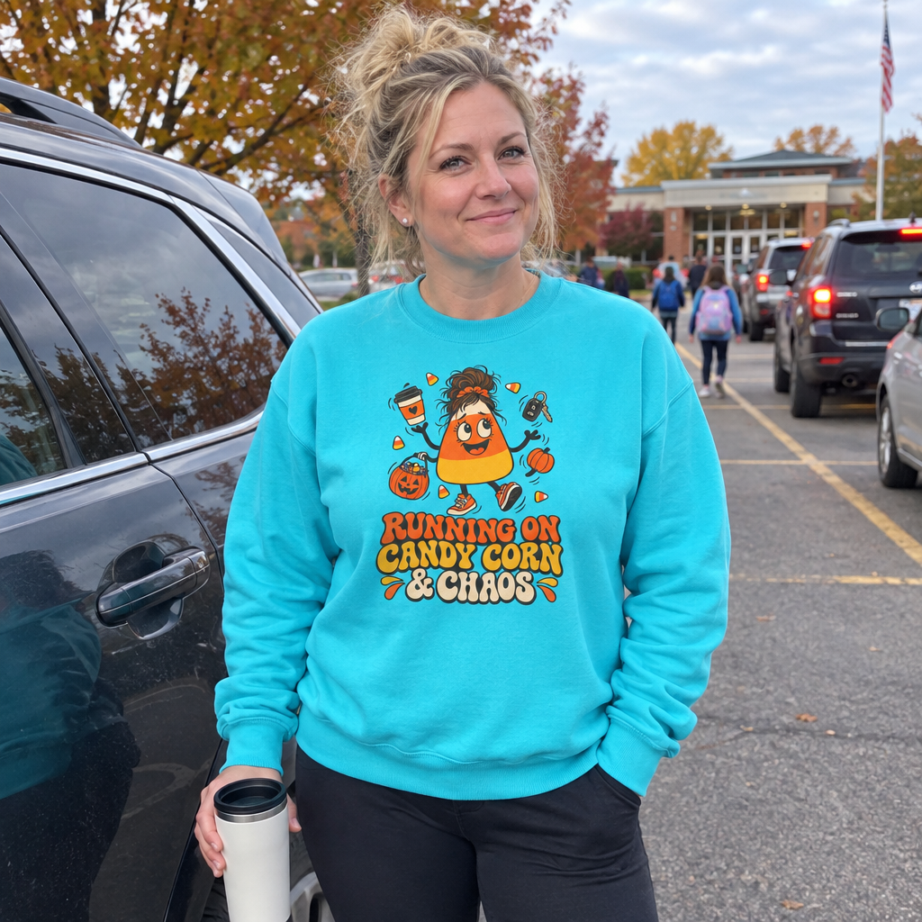 Woman wearing the lagoon blue Running on Candy Corn and Chaos sweatshirt in the school pickup lot