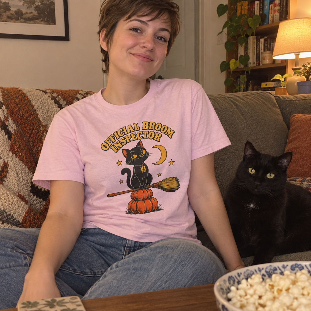 Woman wearing the pink Official Broom Inspector t-shirt on the couch with her black cat