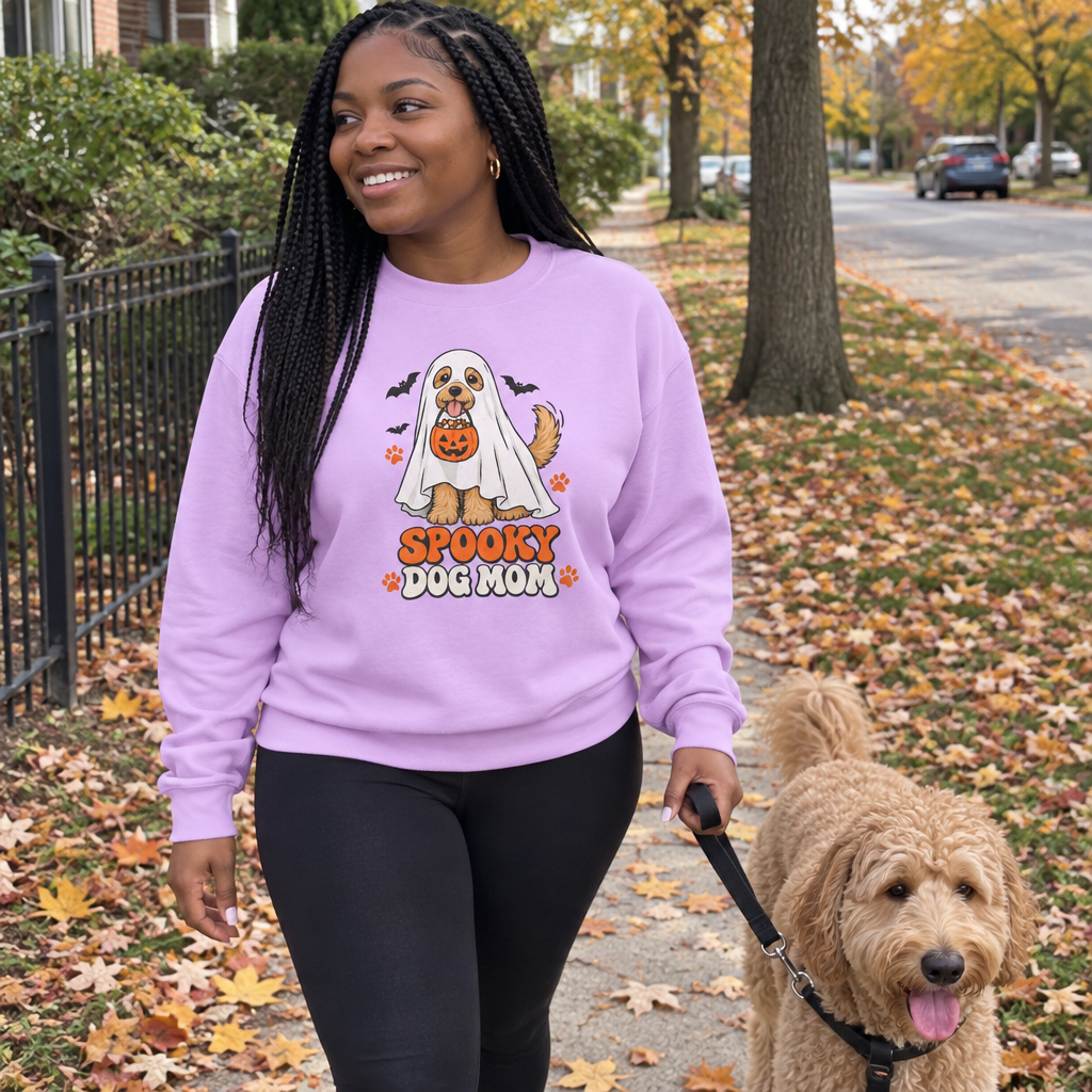 Woman wearing the orchid Spooky Dog Mom sweatshirt walking her goldendoodle on a fall sidewalk