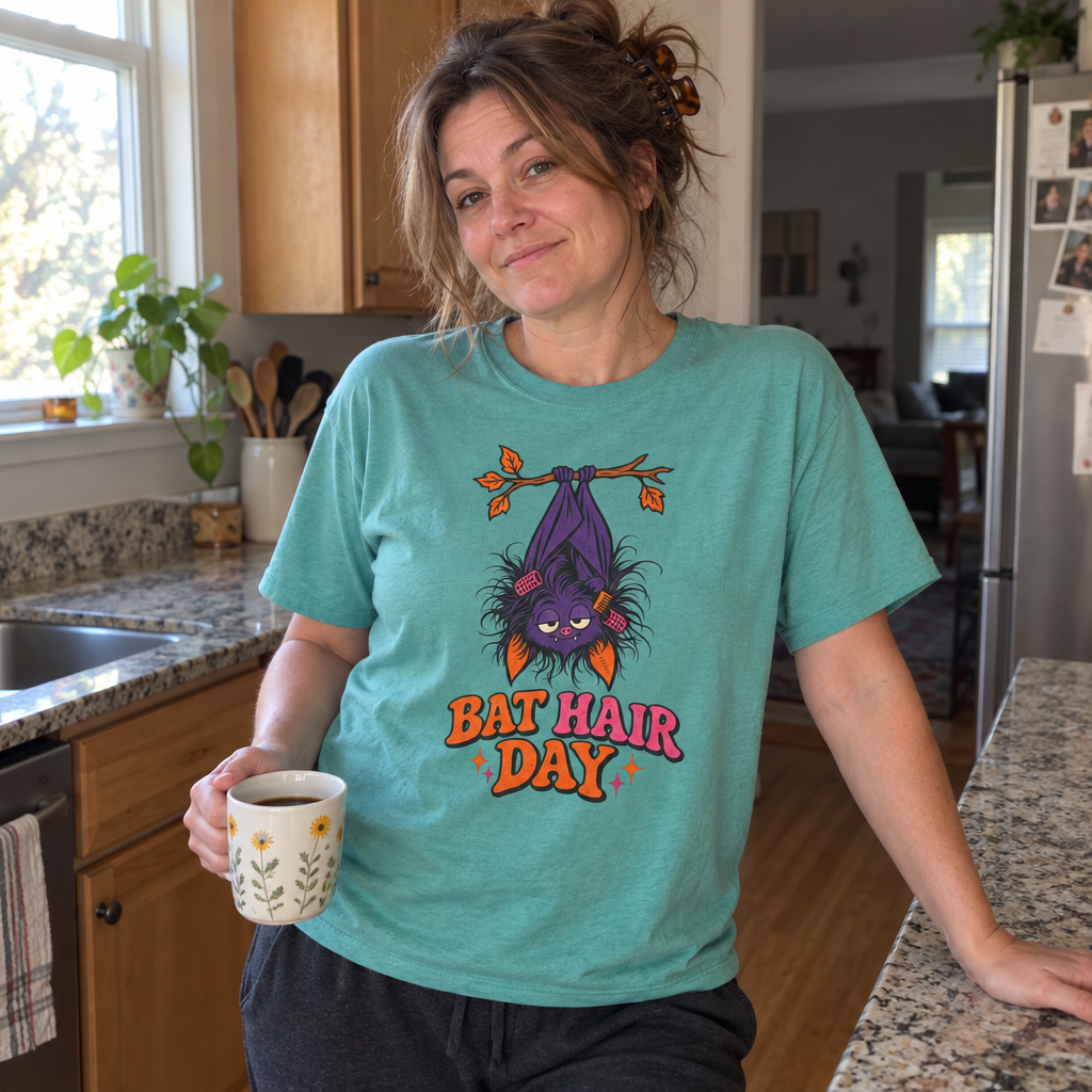 Woman wearing the seafoam Bat Hair Day t-shirt in her kitchen with morning coffee