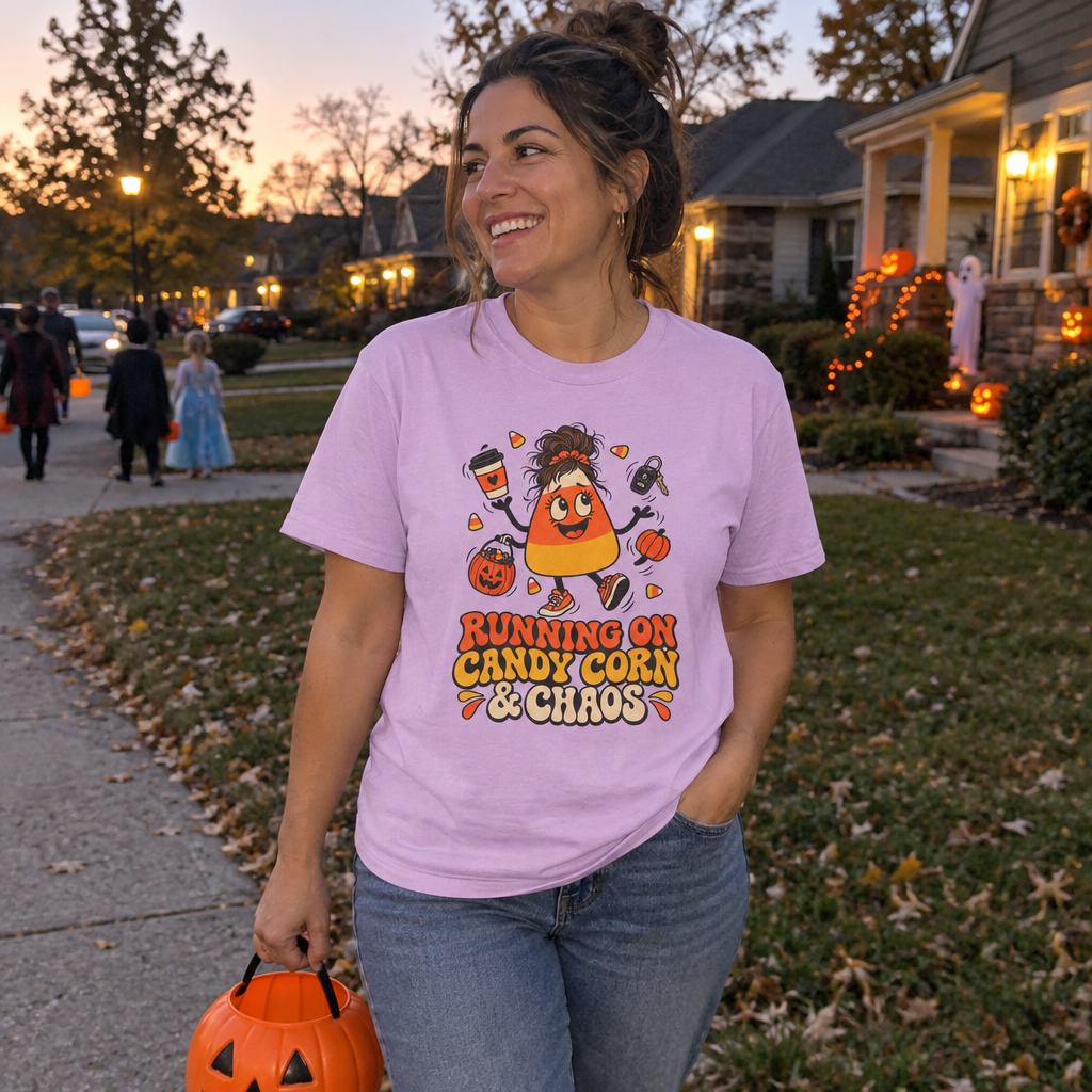 Woman wearing the orchid Running on Candy Corn and Chaos t-shirt trick-or-treating at dusk