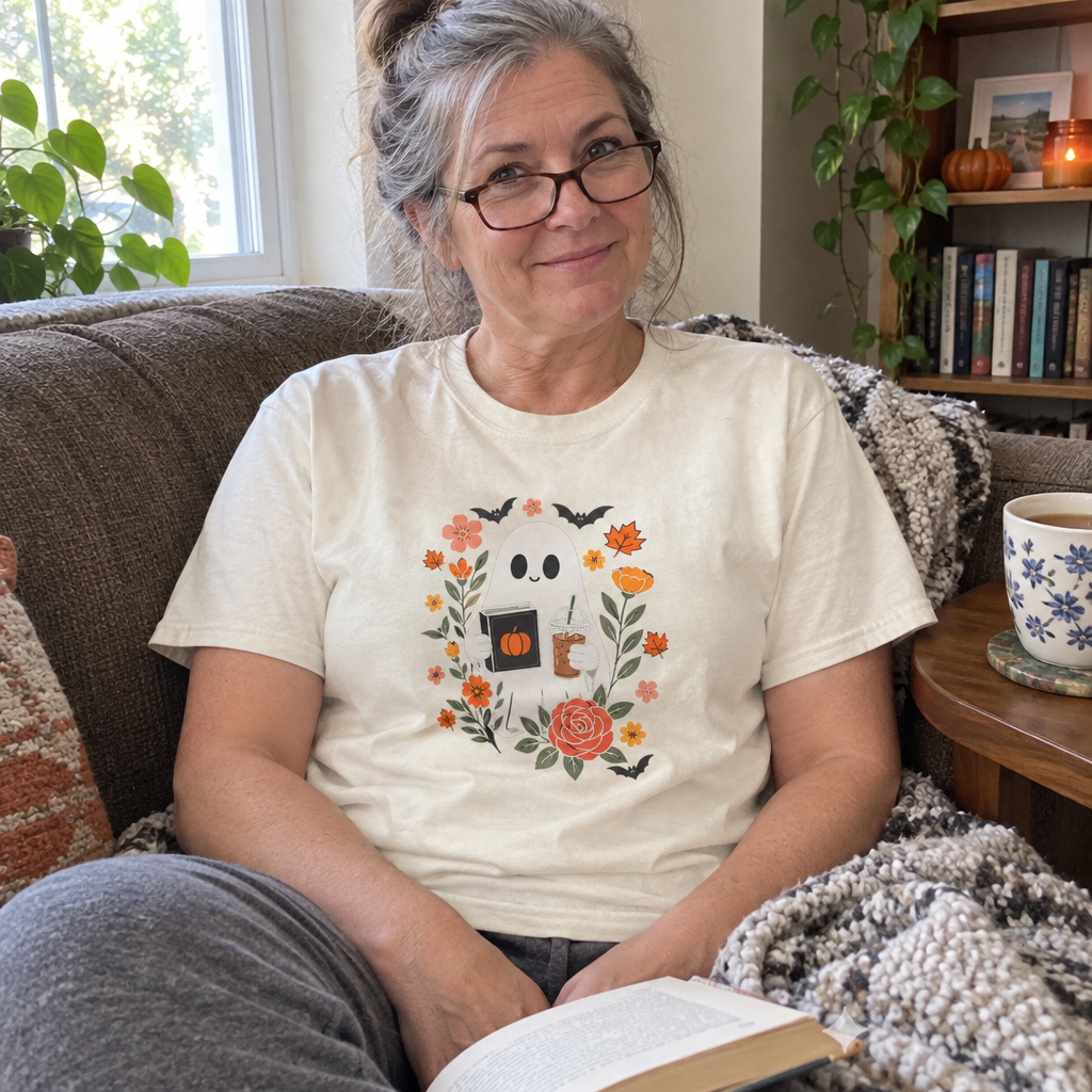Woman wearing the Ivory Ghost Book Club t-shirt reading on a cozy couch