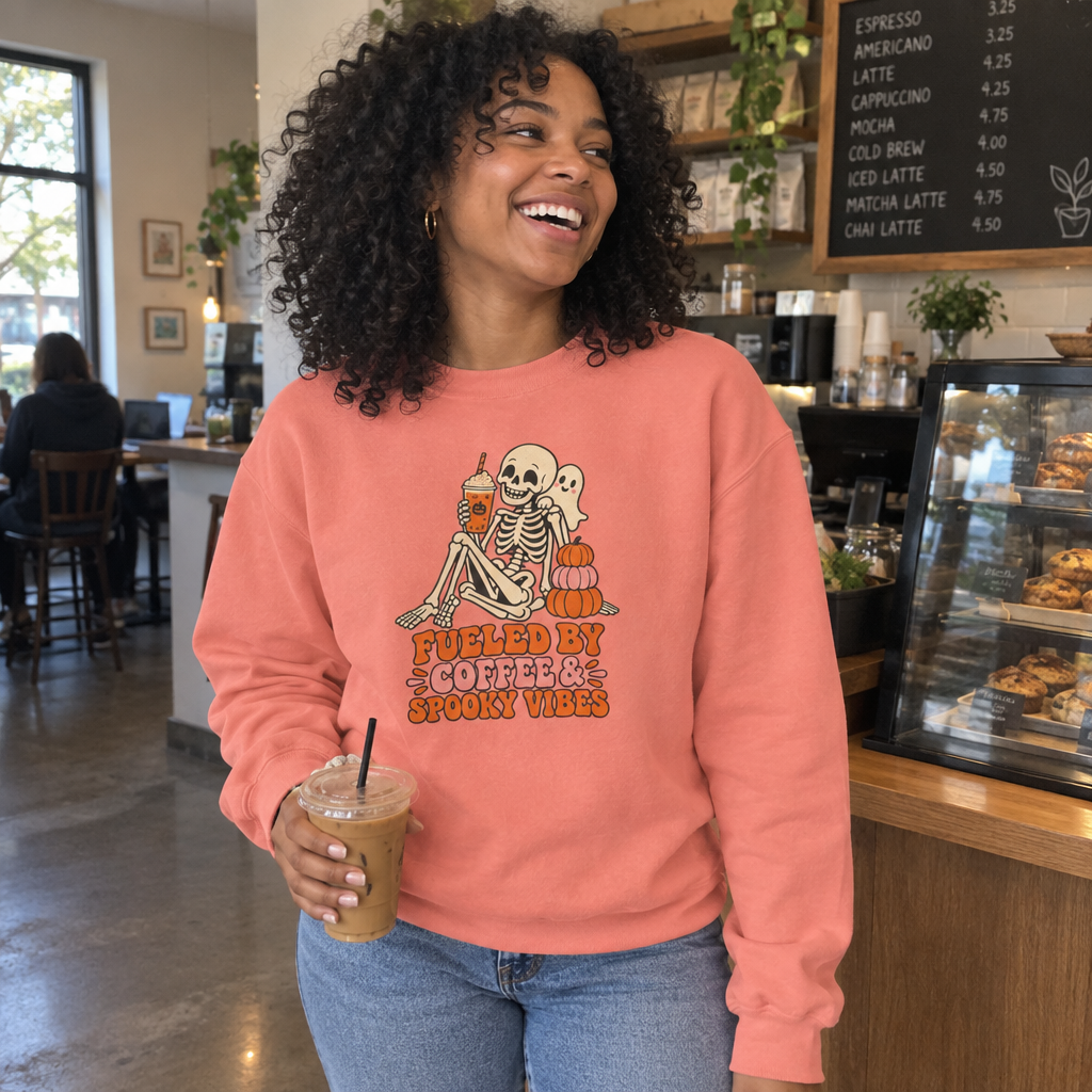 Woman wearing the salmon Fueled by Coffee & Spooky Vibes sweatshirt in a coffee shop
