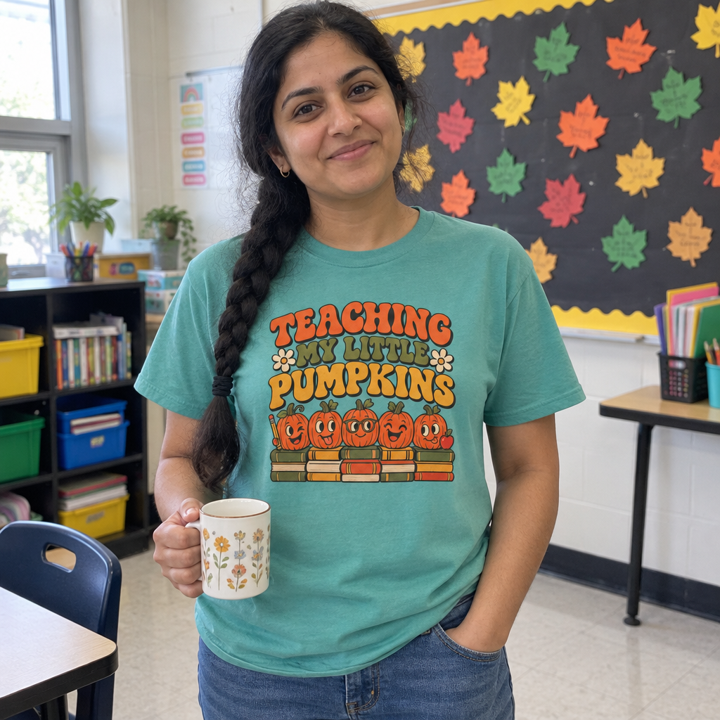Woman wearing the seafoam Teaching My Little Pumpkins t-shirt in her classroom