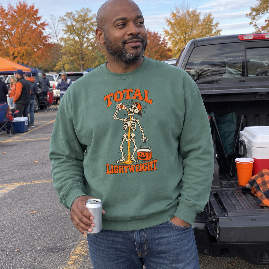Man wearing the green Total Lightweight sweatshirt at a fall tailgate