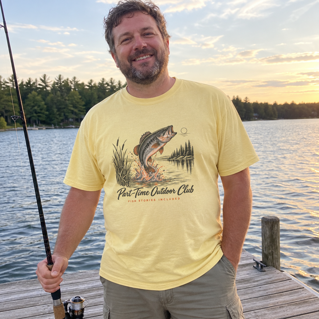 Man wearing the butter yellow Fish Stories Included t-shirt on a lake dock with a fishing rod