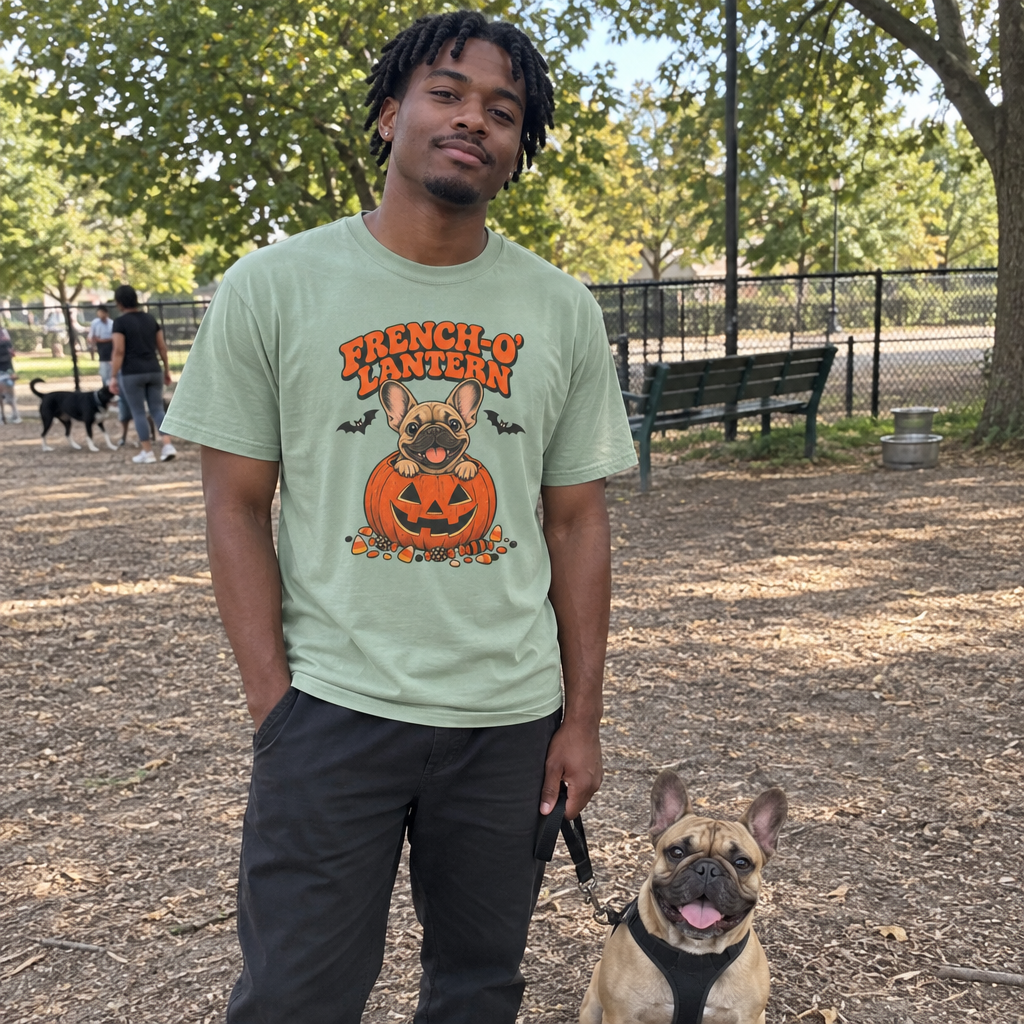 Man wearing the sage French O Lantern t-shirt at a dog park with his French bulldog