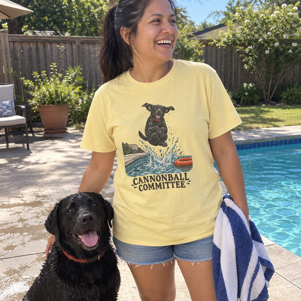 Woman wearing the butter yellow Cannonball Committee t-shirt by the backyard pool with her black lab