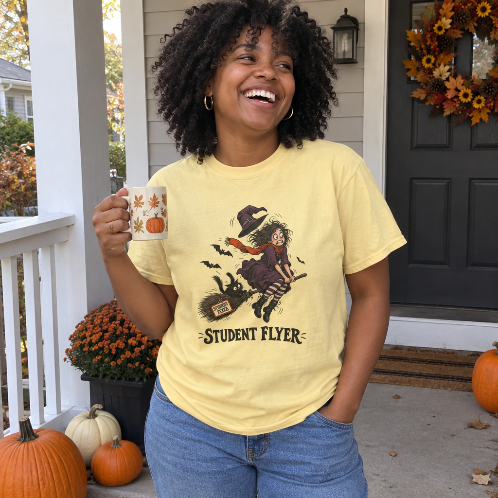 Woman wearing the butter yellow Student Flyer t-shirt on a fall porch with pumpkins
