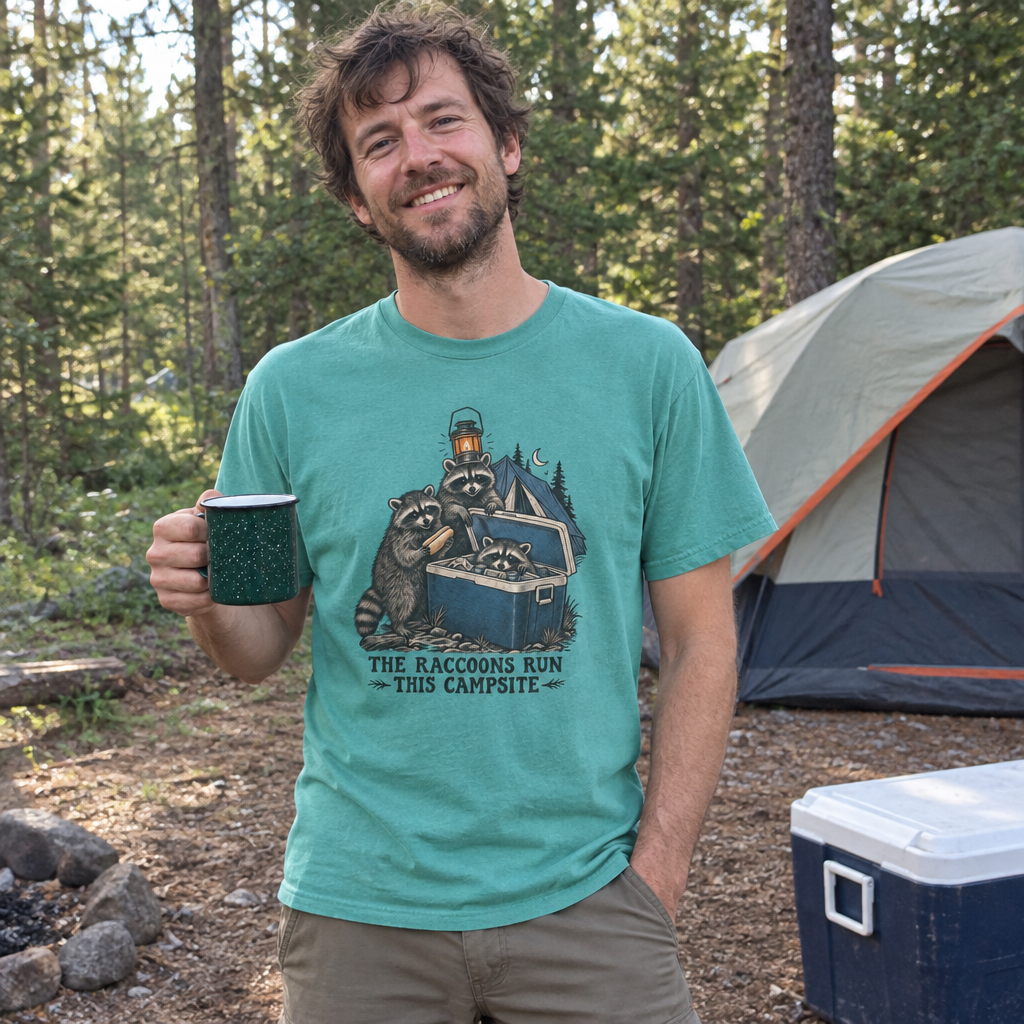 Man wearing the seafoam The Raccoons Run This Campsite t-shirt at a forest campsite